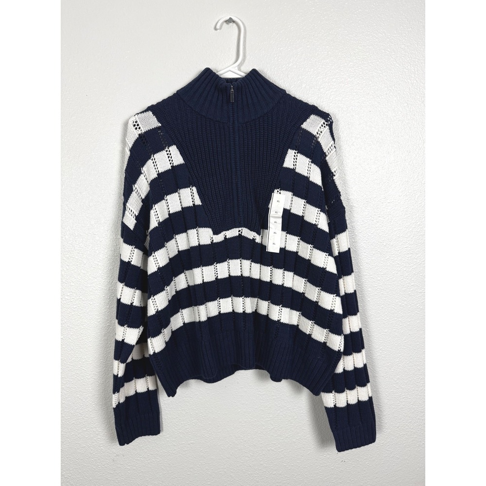 Nautical Sweater Womens XL Navy Cream Striped Quarter Zip Pointelle Knit